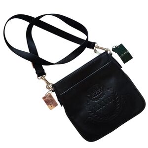 NWT Vintage Ralph Lauren Black Logo Embossed Leather Crossbody Shoulder Bag